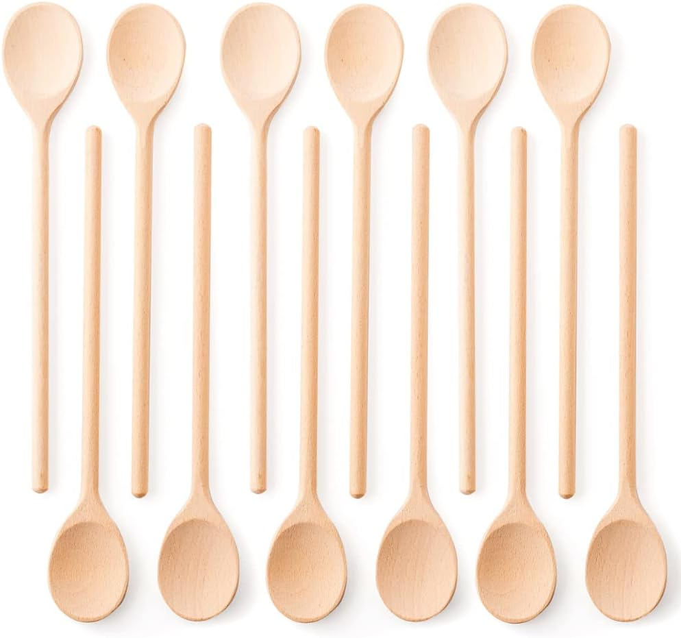 Mr.Woodware 12 Inch Wooden Spoons for Cooking - Set of 12 Long Handle Oval Wooden Spoon for Mixing, Stirring, Tasting - Kitchen Wooden Utensils For Cooking and Crafts, Personalized Wood Burning