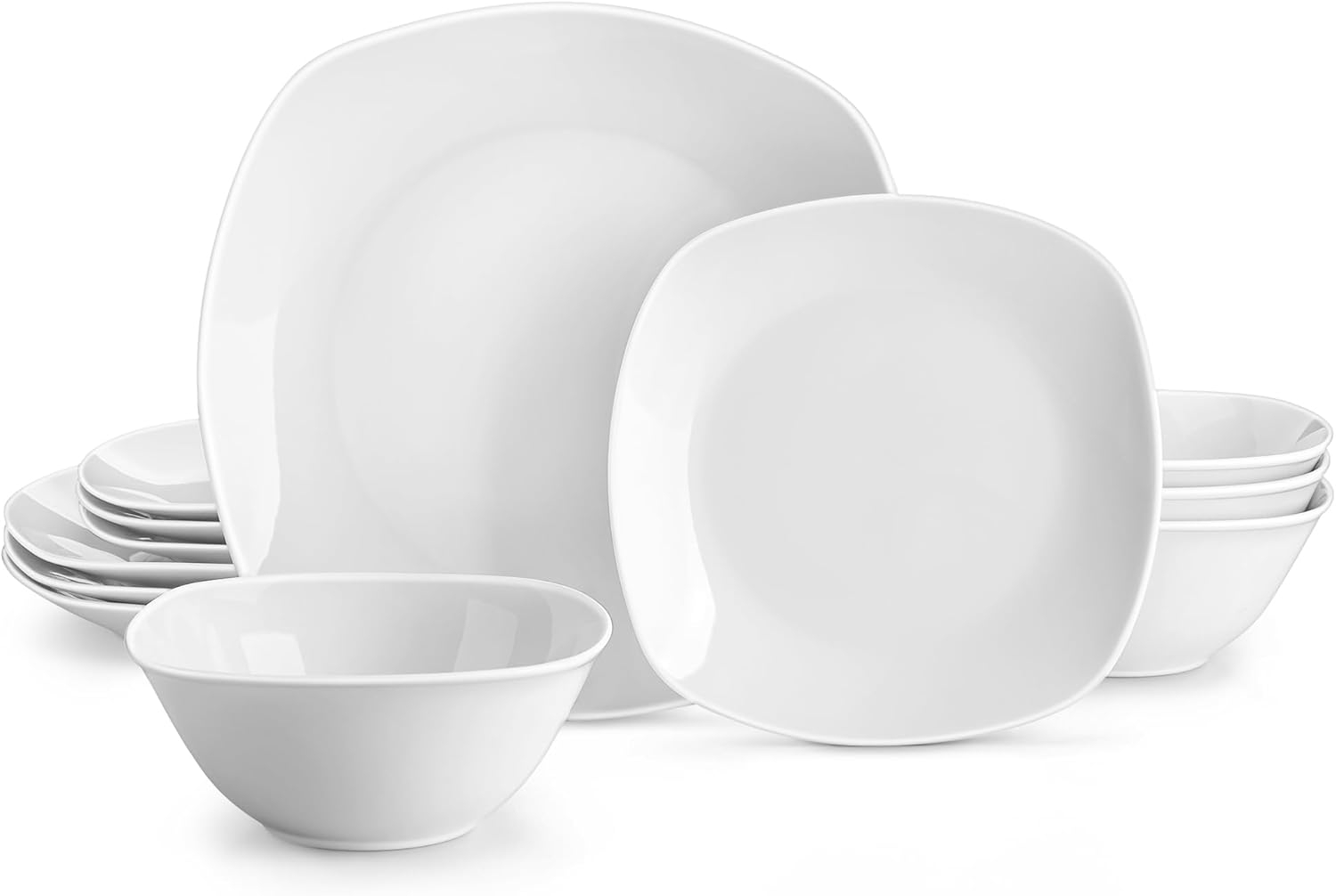 MALACASA Plates and Bowls Set, 12 Pieces Porcelain Dinnerware Sets, Gray White Dishes Set for 4, Chip and Scratch Resistant Square Dishware Sets, Series ELISA