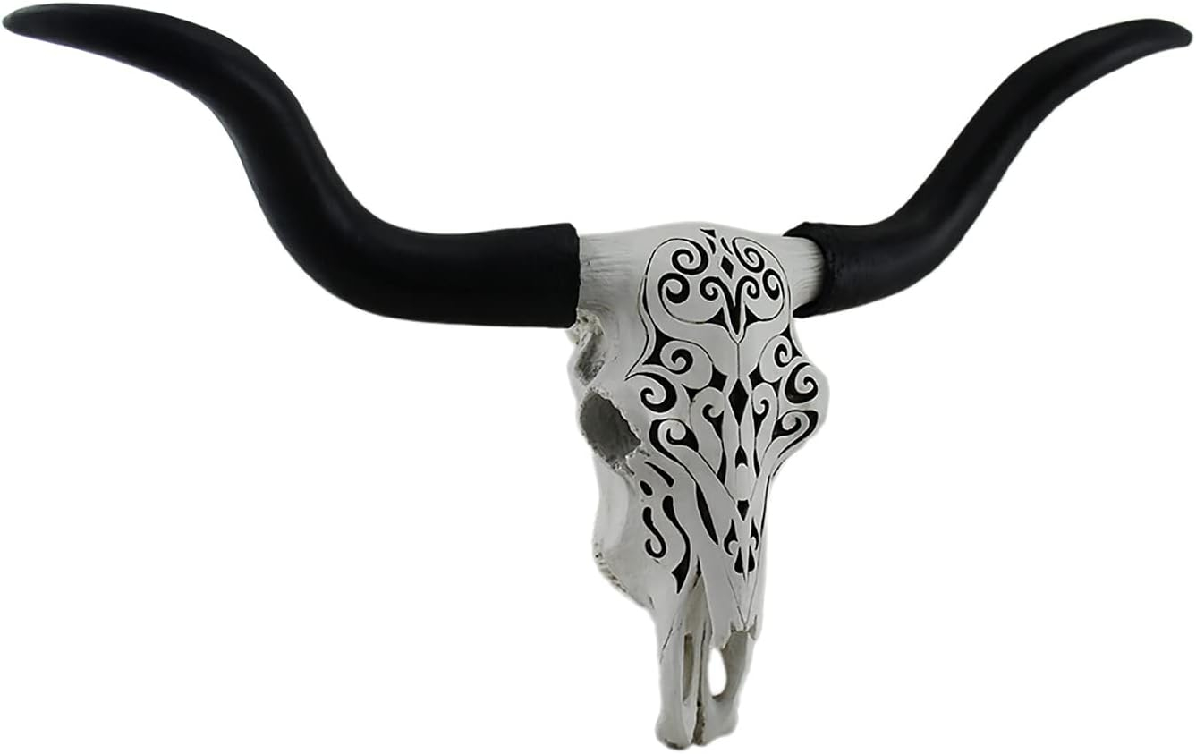 Black and White Resin Longhorn Steer Skull Wall Decor
