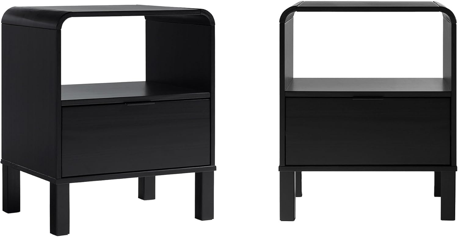 Black Solid Pine Wood Modern Nightstand Set with Drawer, 2-Pack