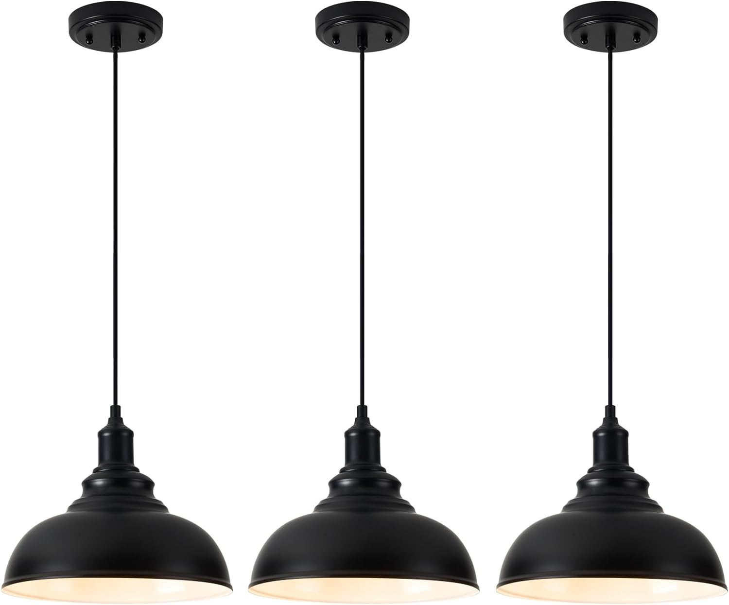 KAYYELAMP 3-Pack Black Metal Shade Hanging Light E26 Black Base Adjustable Height Droplight Retro Design Pendant Light for Kitchen Island Sink Home