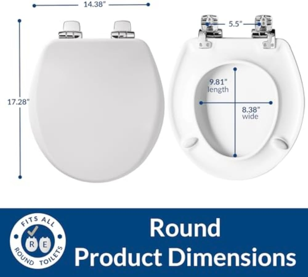 Bemis Alesio Slow Close Toilet Seat, Sleek Chrome Hinges and Adjustable Perfect Fit Wood Seat, Round, White