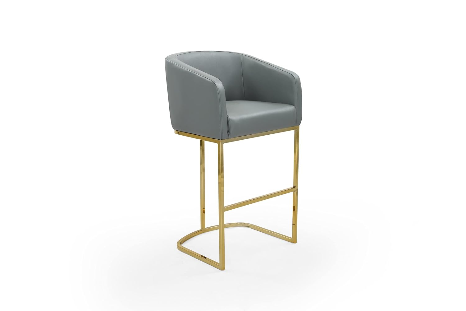 Tess Bar Stool Chair PU Leather Upholstered Shelter Arm Design Half-Moon Goldtone Solid Metal U-Shaped Base Modern Contemporary, Grey