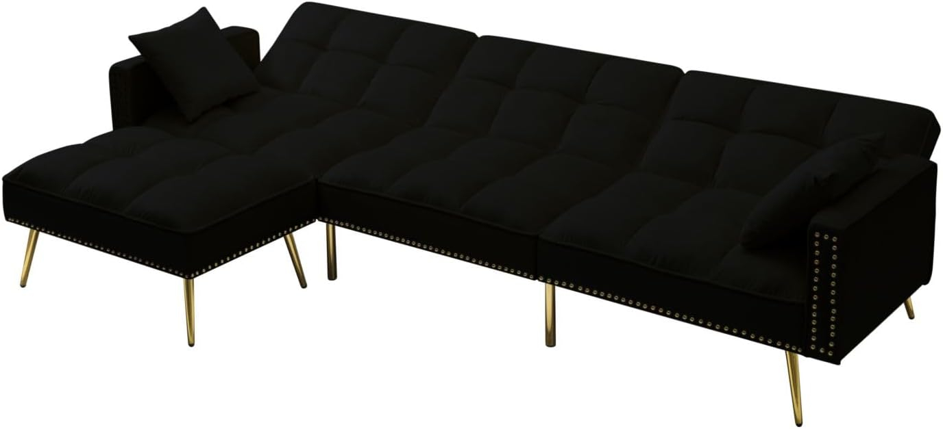 Eafurn Velvet Upholstery Convertible Sleeper Sofa Bed with Reversible Chaise,L Shaped Sectional Couch w/Reclining Backrest and 2 Pillows,Comfy Corner Sofa & Coues for Living Room Furniture Sets