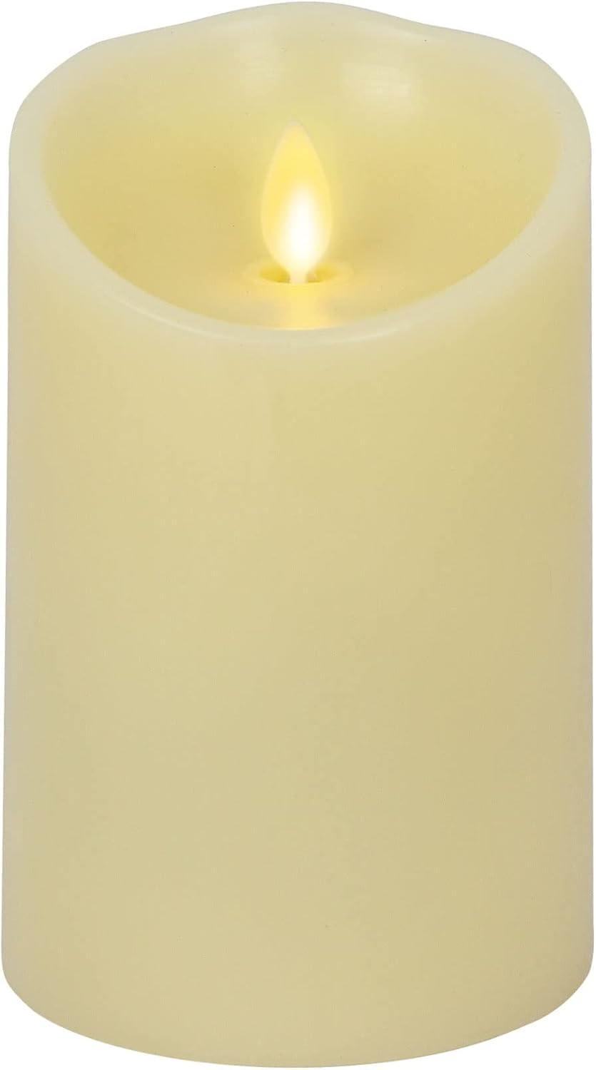 Luminara Realistic Artifical Flame Classic Pillar LED Candle - Moving Flame LED Battery Operated Lights - Unscented - Remote Ready - Ivory - 4" x 9"