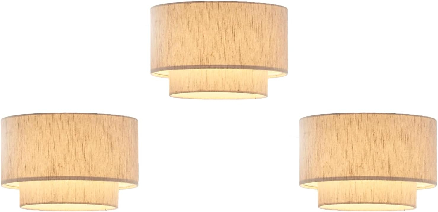 Artiva USA 10.5"Dia X7"H Premium Double Drum Linen Shade - Tan, Fully Assemble, Fit most Arched/Arc Floor Lamp,Set of 3