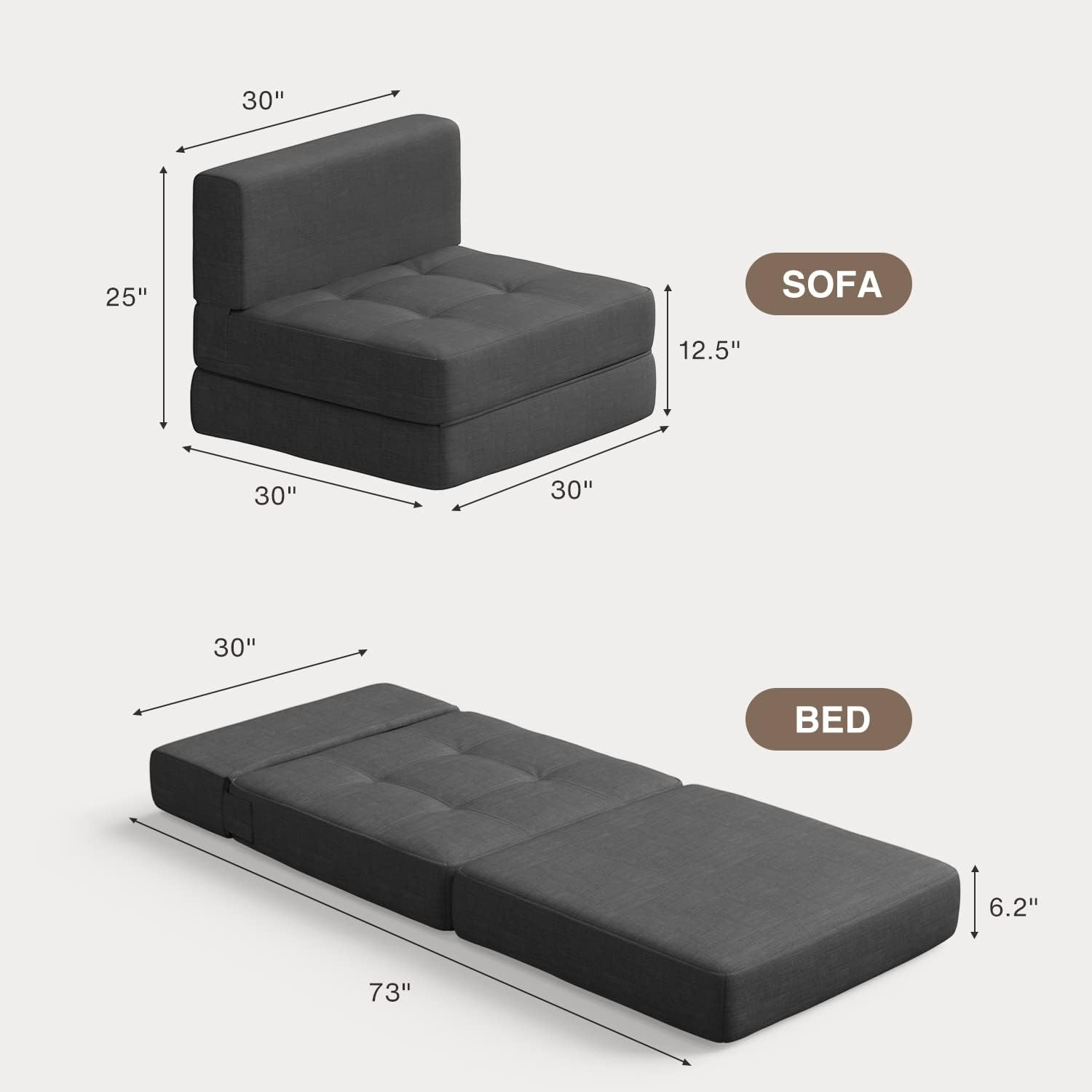Aiho Sleeper Sofa Bed, Memory Foam Futon Sofa Bed, Convertible Chair Sleeper Floor Couch, Modern Linen Fabric Removable Cover, for Living Room/Apartment/Loft, Dark Grey