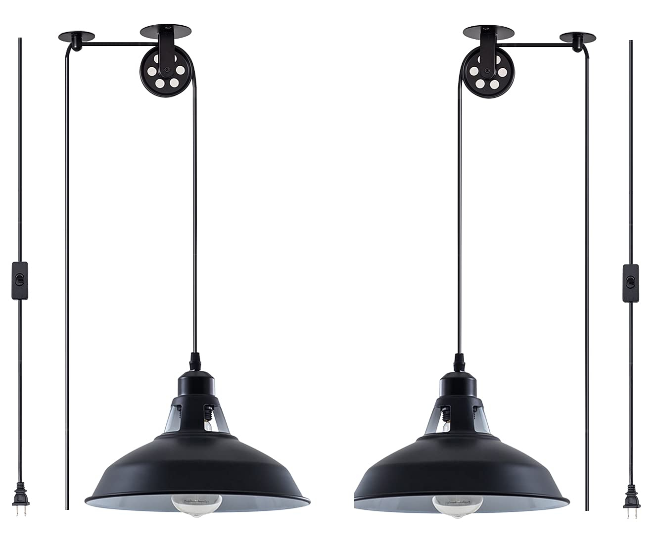 Plug in Pendant Light Industrial Pulley Pendant Lamp E26 Vintage Hanging Light Fixture With 16.4ft Cord On/Off Switch For Pool Table,Houseplant Grow lights,Kitchen Island,Sink 2 Pack Black