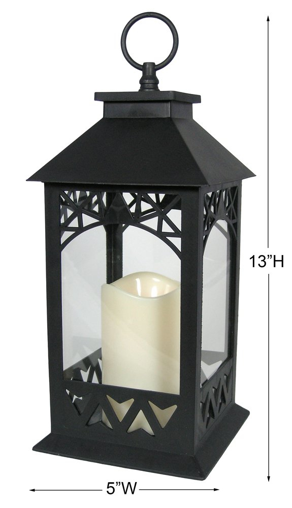 Black Lighted LED Lanterns with Lattice Design - Pillar Candle with 4 Hour Timer Included - Remote Control - Hanging or Sitting Decoration - Set of 2 - 13" H - 9605-2