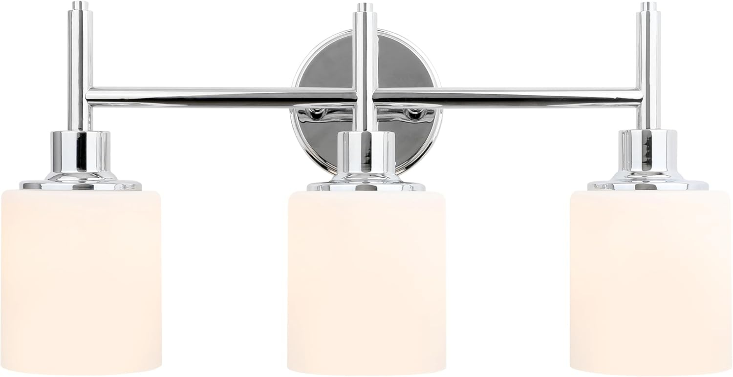 Aubrey Transitional 3-Light Indoor Bathroom Vanity Light – Above the Mirror, Dimmable, Damp Listed – Frosted Glass and Polished Chrome – Design House, 589770