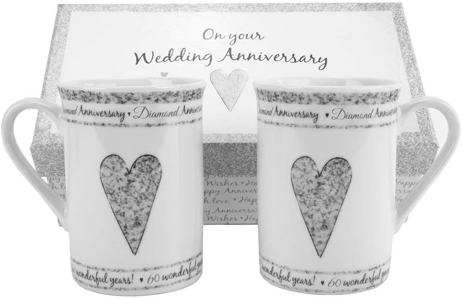 Beautifully Designed 60th Diamond Wedding Anniversary Set of Ceramic Mugs with Hearts | Dishwasher and Microwave Safe with Decorative Keepsake Box