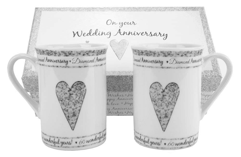 Beautifully Designed 60th Diamond Wedding Anniversary Set of Ceramic Mugs with Hearts | Dishwasher and Microwave Safe with Decorative Keepsake Box