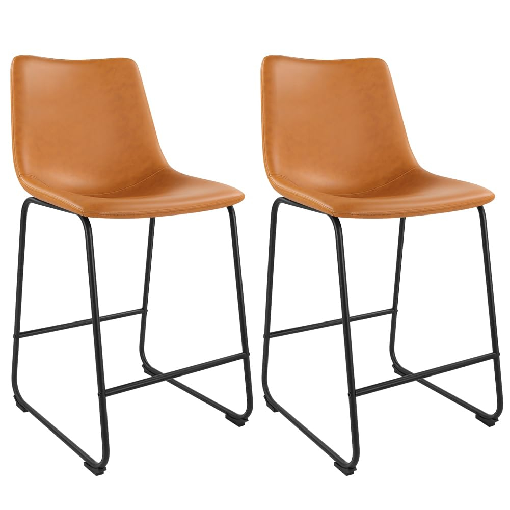 WKWKER Dinning Chairs Set of 2 Faux Leather Industrial Chair Counter Height Chair Metal Legs with Footrest Kitchen Chair for Home Bar Coffee Shop Patio Dining Chair Height 19’’ (Brown, 2pcs)