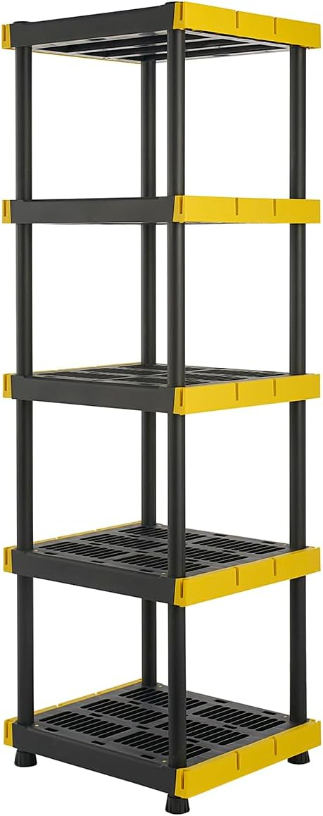 BLACK & YELLOW®, 5-Tier Heavy Duty Plastic Storage Shelving Unit, 100lbs/shelf (72”H x 24”W x 20”D), for Indoor/Outdoor Organization, Modular Rack