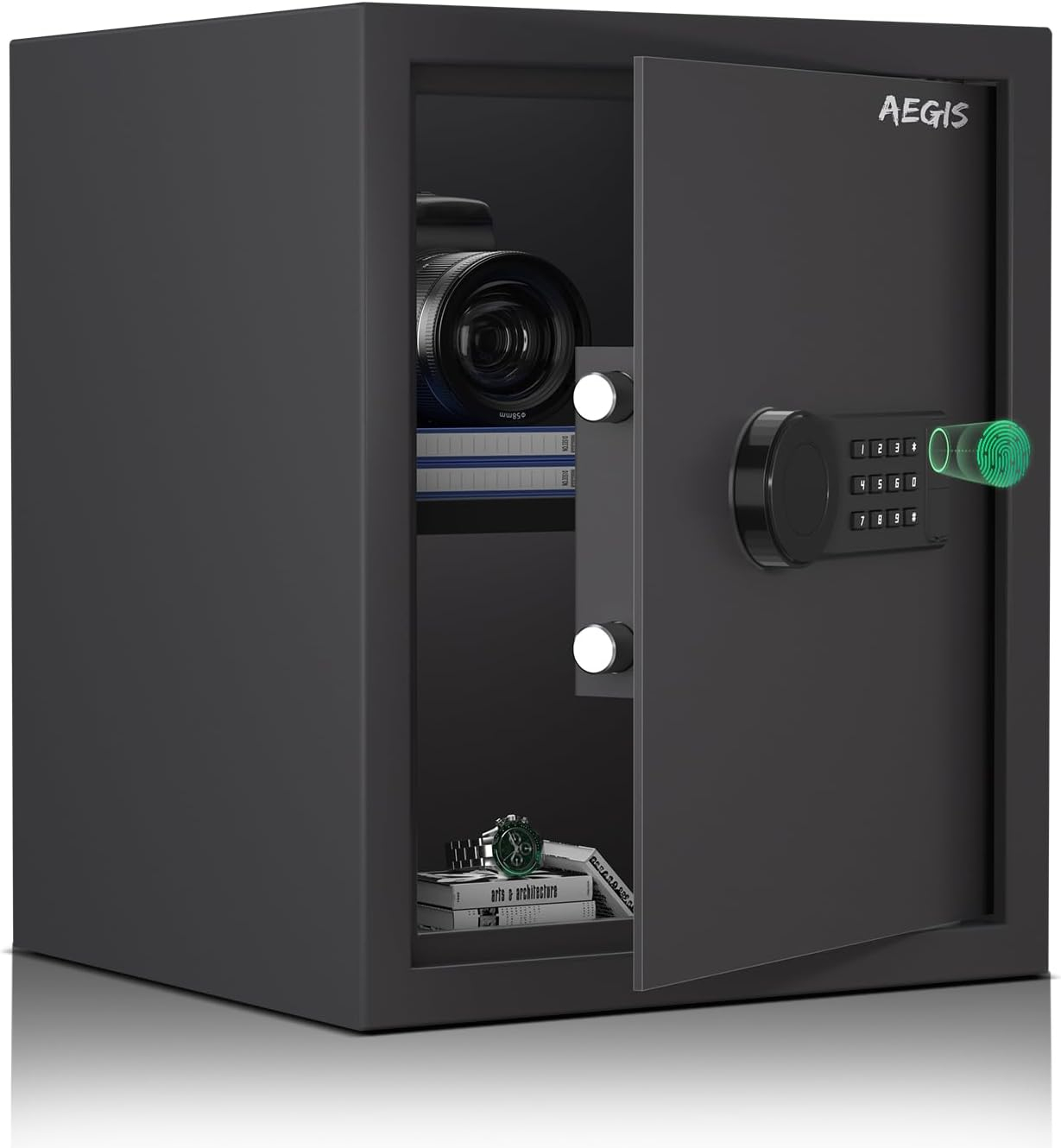 AEGIS Smart Biometric Safe Box, 1.7 cu.ft Quick Access Unlock with Fingerprint/Keypad/Key/USB Port for Multiple Pistols, Security Steel Personal Lock Box for Home/Office/Hotel/Dorm