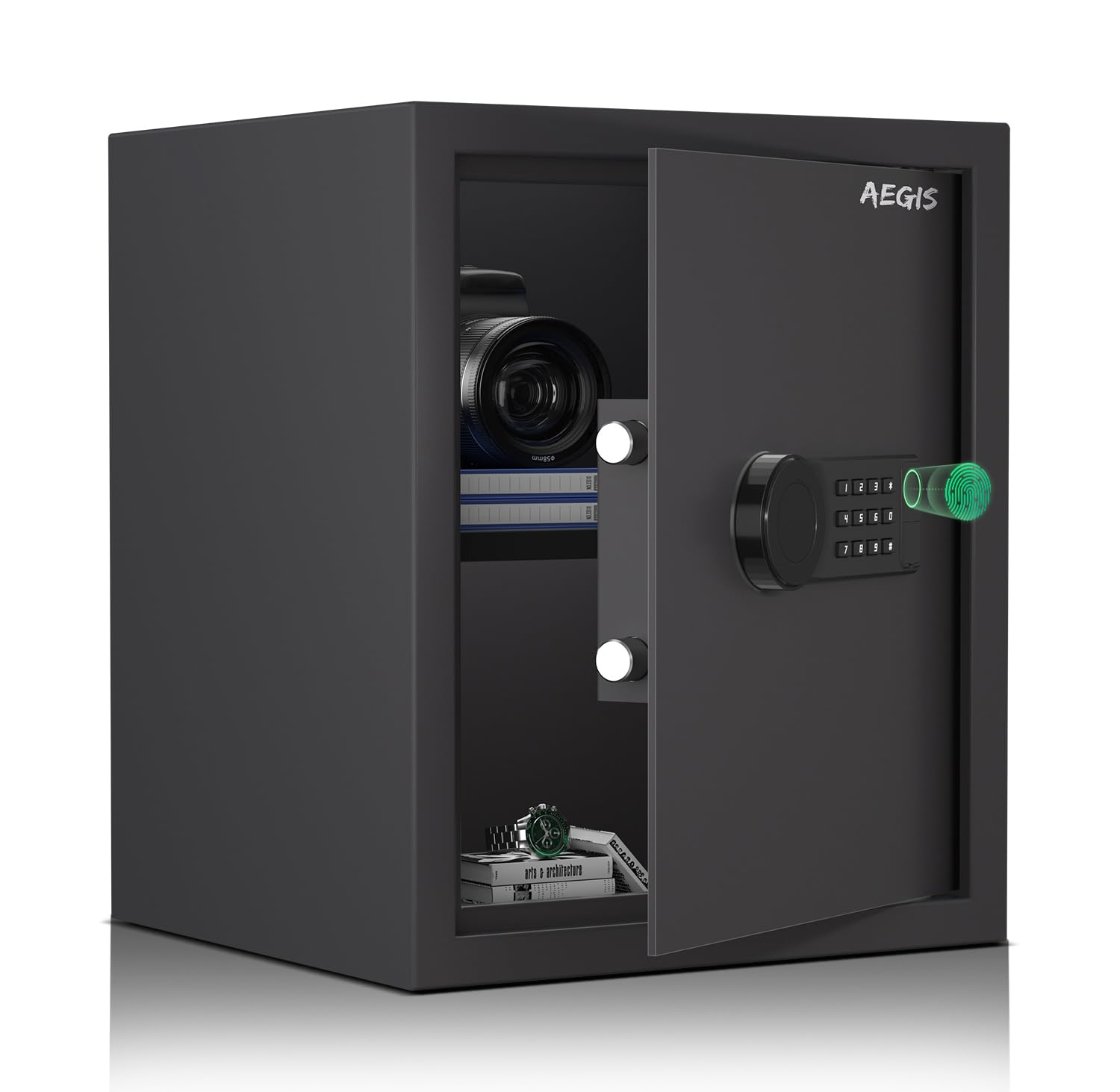AEGIS Smart Biometric Safe Box, 1.7 cu.ft Quick Access Unlock with Fingerprint/Keypad/Key/USB Port for Multiple Pistols, Security Steel Personal Lock Box for Home/Office/Hotel/Dorm