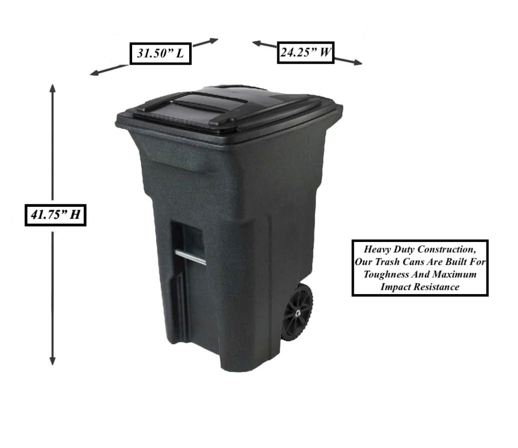 64 Gallon Garbage Cans Trash Cans 2 Rugged Wheels Ergonomic Handle and Lid Heavy Duty Construction Built for Toughness and Maximum Impact Resistance Perfect for Both Indoor Or Outdoor Use