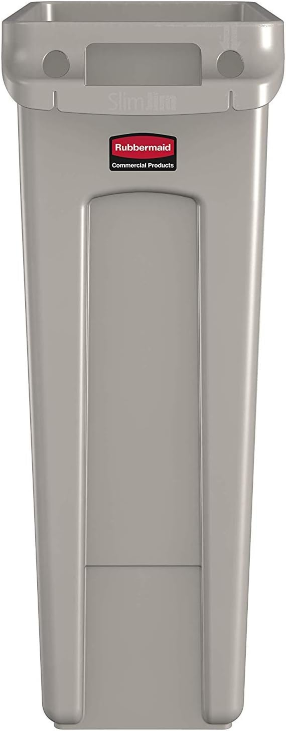 Rubbermaid Commercial Products Slim Jim Plastic Rectangular Trash/Garbage Can/Bin with Venting Channels, 23 GAL, Beige, for Kitchens/Classrooms/Offices/Back of House