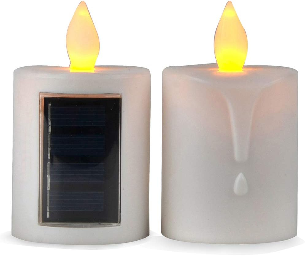 TELOSMA 2 PCS Solar Powered LED Candle Light Flameless Rechargeable Waterproof Candle for Window Outdoor Yard Lamp Garden Camping Lantern