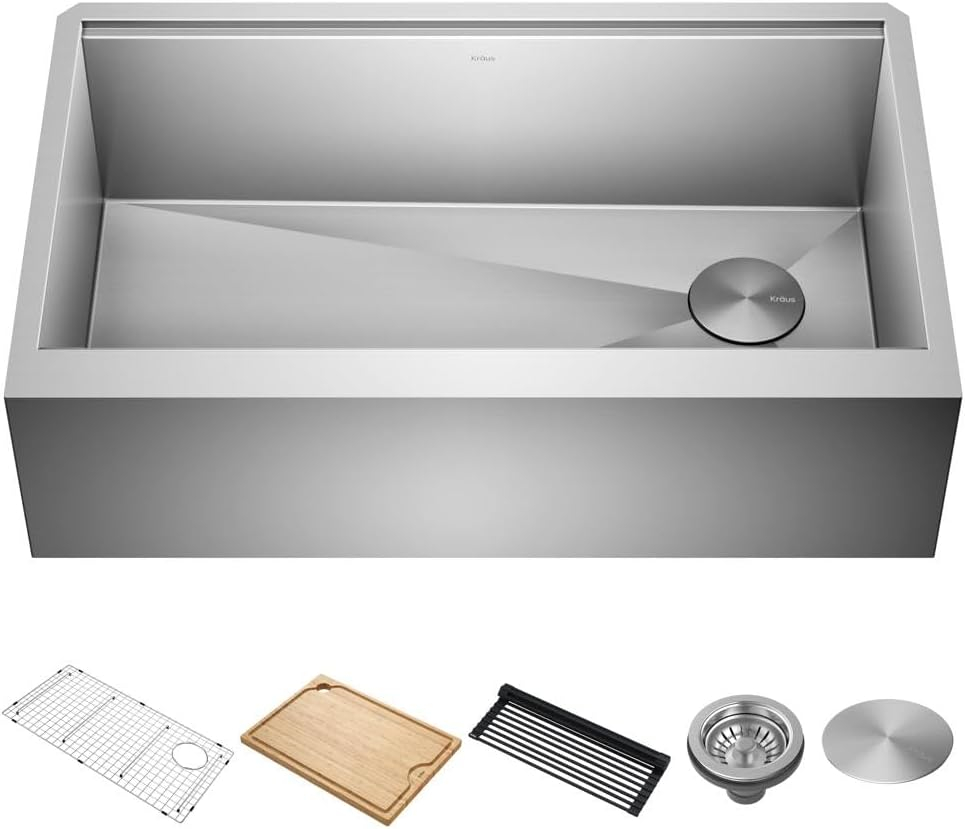 KRAUS Kore™ Workstation 33-inch 16 Gauge Stainless Steel Single Bowl Farmhouse Kitchen Sink with Accessories