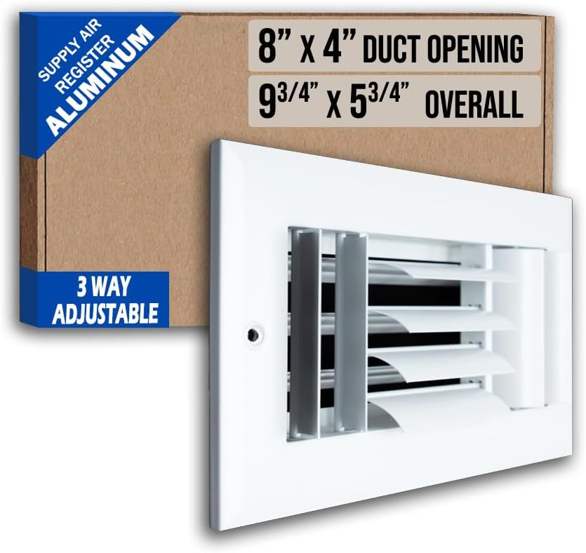 Fits 8x4 Duct Opening Aluminum 3-WAY Adjustable Air Supply Grille by Handua | Curved Blade Register Vent Cover for Sidewall & Ceiling | White | Outer Size: 9.75" X 5.75"