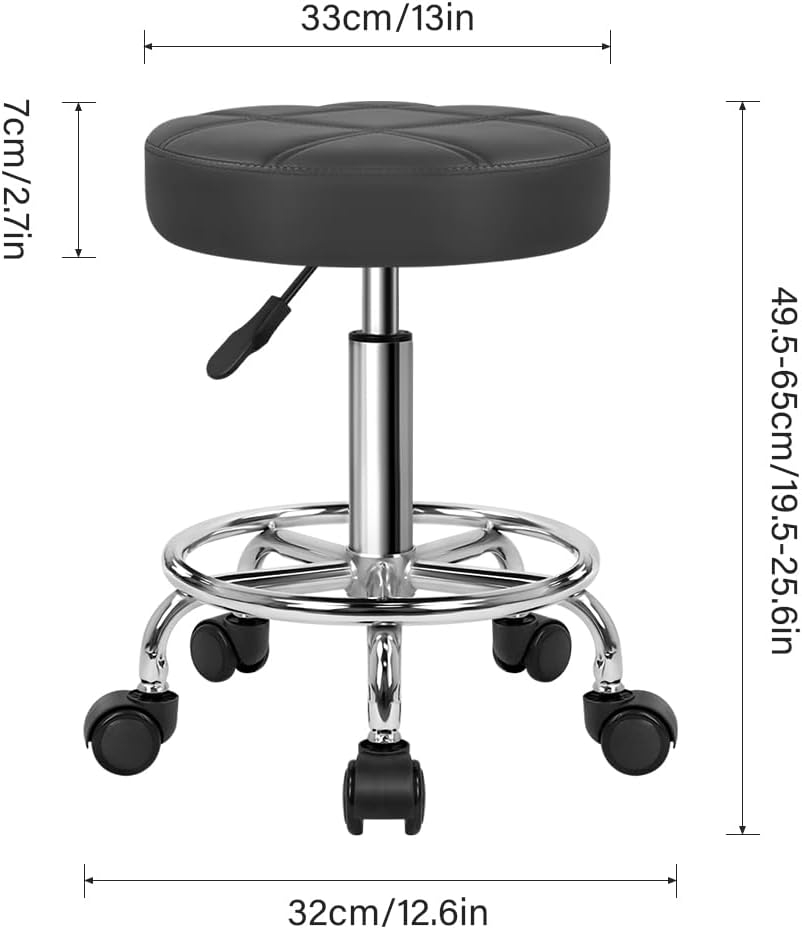 Round Rolling Stool with Footrest PU Leather Height Adjustable 360° Swivel Stool with Wheels Office Stool Chair Home Drafting Work Studio Shop SPA Salon Small (Grey)