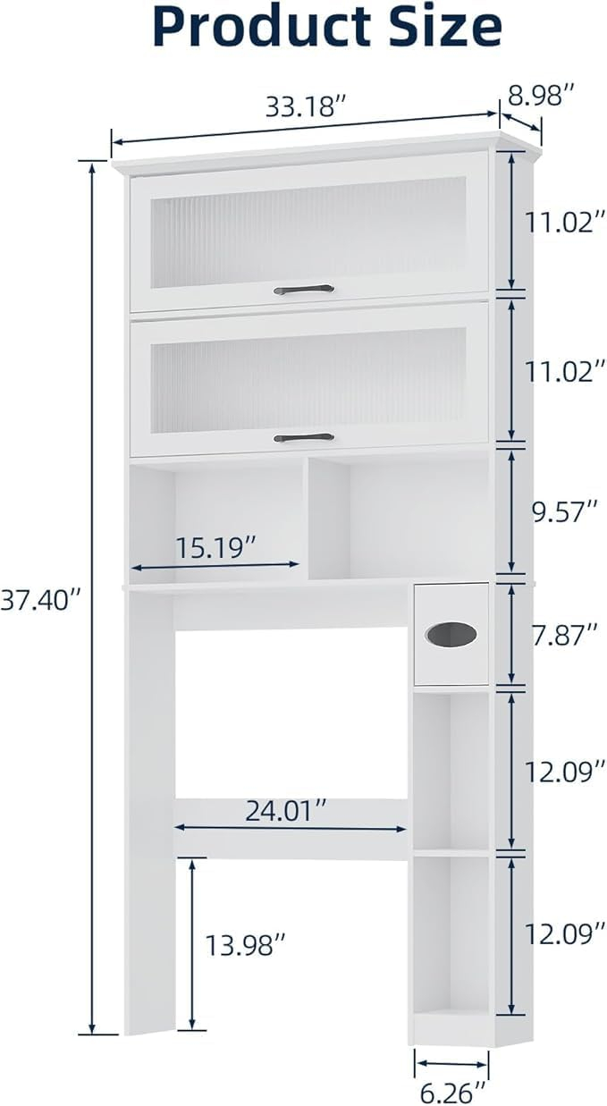 Over The Toilet Storage Cabinet with Transparent Door, Toilet Paper Storage Cabinet with Multi Layer Shelves Suitable for Bathroom, Laundry Room, Freestanding Bathroom Storage Rack,White