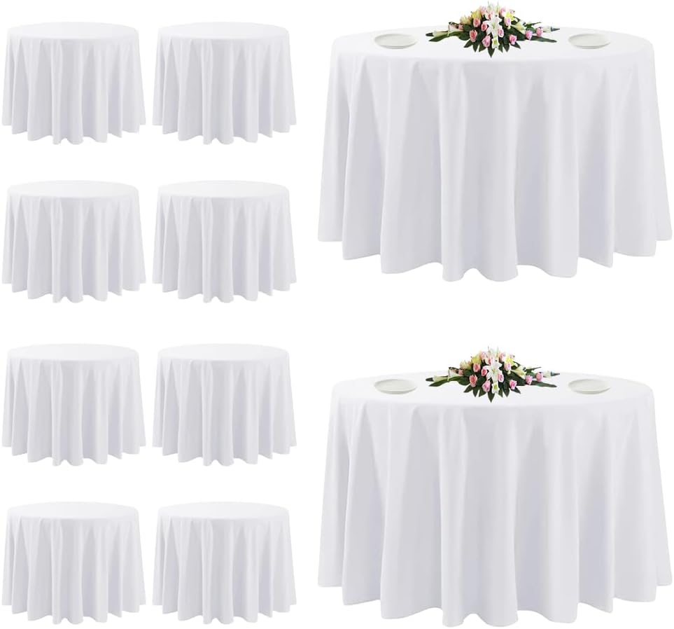 10 Pack Round Tablecloth White 120 Inch, Stain Resistant and Wrinkle Polyester Table Cloth, Washable Table Cover for Kitchen Dining, Wedding, Buffet Table, Holiday Party