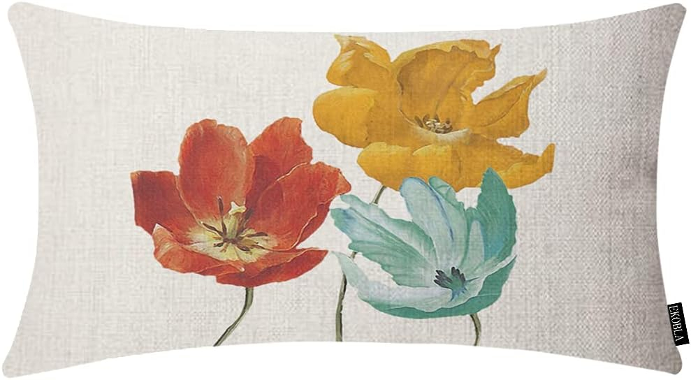 Floral Cotton Linen Rectangular Throw Pillow Case