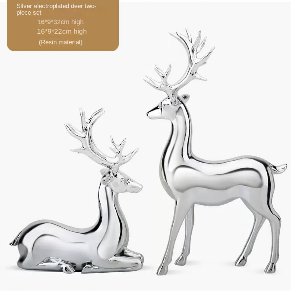 2Pcs Elk Deer Statue Reindeer Figurines Resin Sculpture Living Room Home Decoration Nordic Tabletop Ornaments (Silver 2pcs)