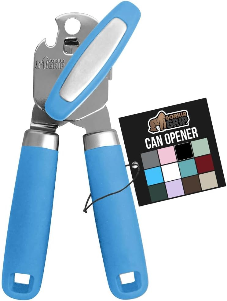 GORILLA GRIP Stainless Steel Manual Can Opener, Soft Touch Handle, Built-In Bottle Opener, Aqua