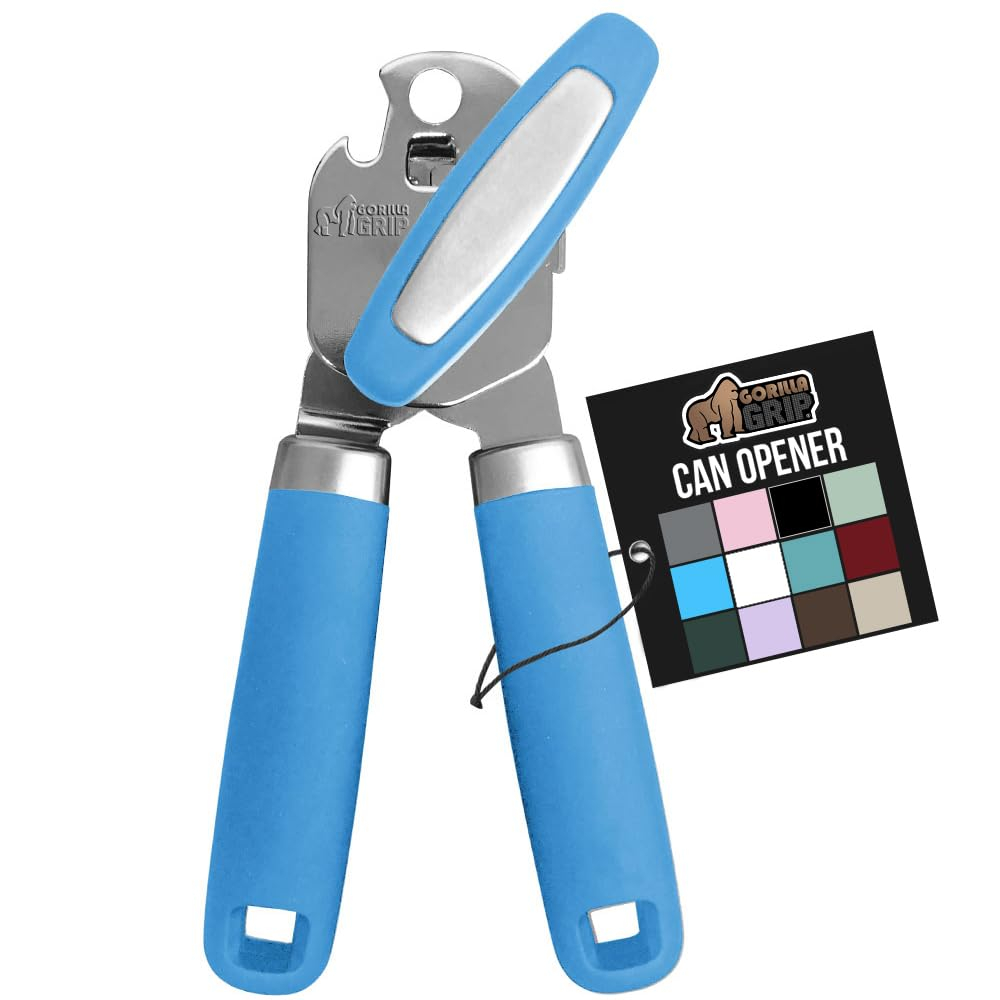 GORILLA GRIP Stainless Steel Manual Can Opener, Soft Touch Handle, Built-In Bottle Opener, Aqua