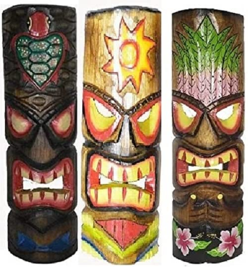 Zeckos Hand Carved Wood Hawaiian Island Tiki Wall Décor Set of 3