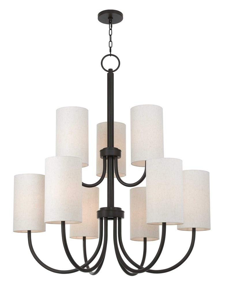 English Bronze 9-Light Drum Chandelier with Oatmeal Fabric Shade
