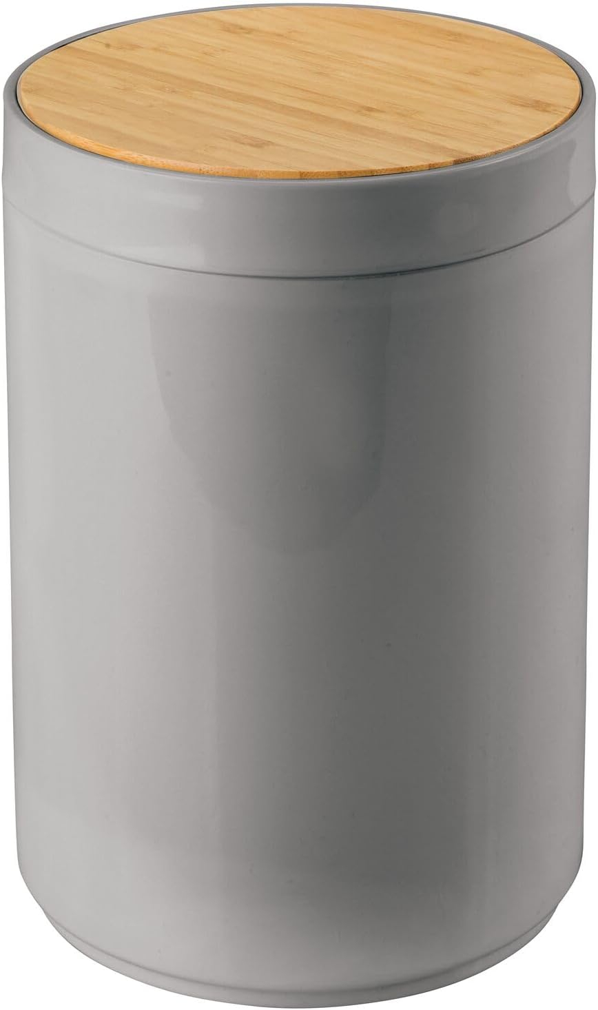 mDesign Plastic Round Trash Can Small with Swing-Close Lid - Gray/Natural