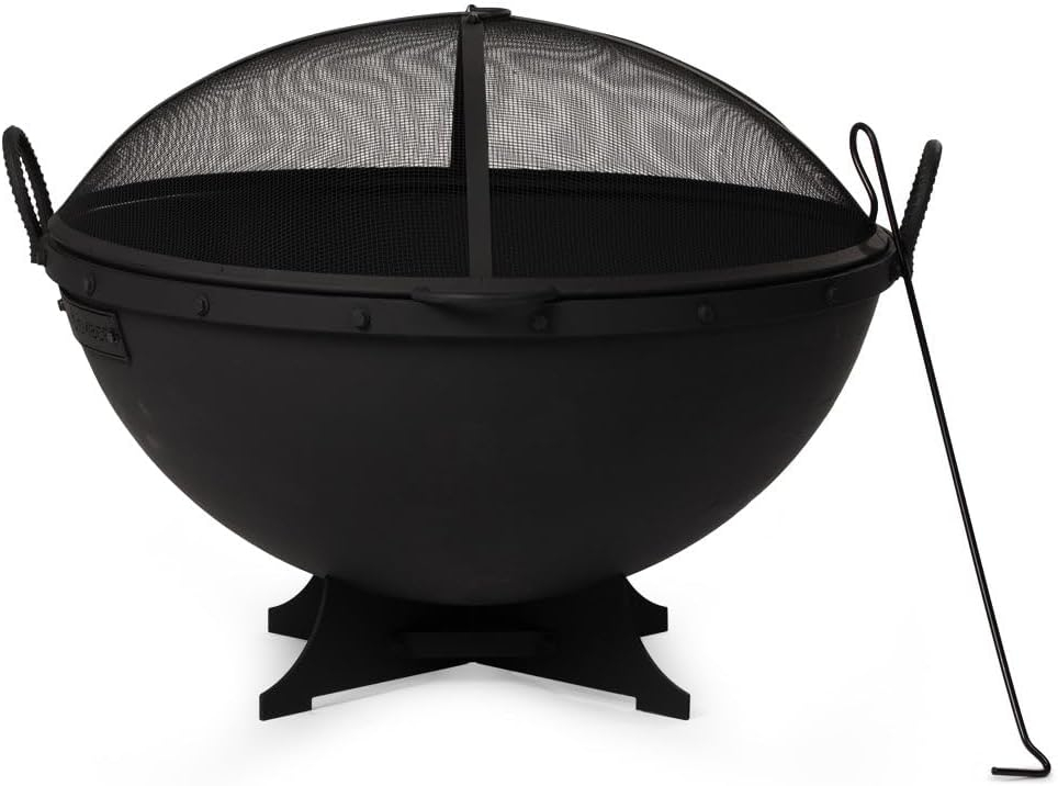 Ash & Ember 32" Hemisphere Fire Pit with Screen and Poker, Cast Iron High-Temperature Black Paint Fire Bowl, Wood Burning Backyard Fireplace, Portable Outdoor Firepit