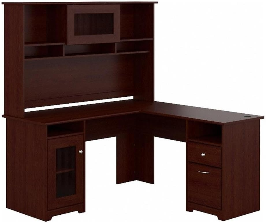 Bush Furniture Cabot 60" L Desk and Hutch with Storage, Harvest Cherry
