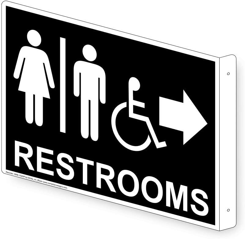 ComplianceSigns.com Accessible Restrooms Right Wall Sign, Projection-Mount 13x10 inch Black Aluminum for Public Bathrooms
