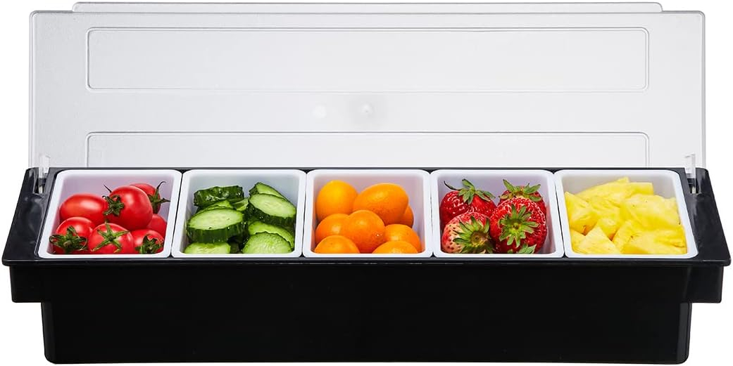 Yuehuam Ice Cooled Condiment Serving Container Fruit Veggie Condiment Caddy Plastic Garnish Station with Lid for Fruit,Ice Cream,Salad Bar-Topping Organizer for Restaurant Supplies (6 Compartments)
