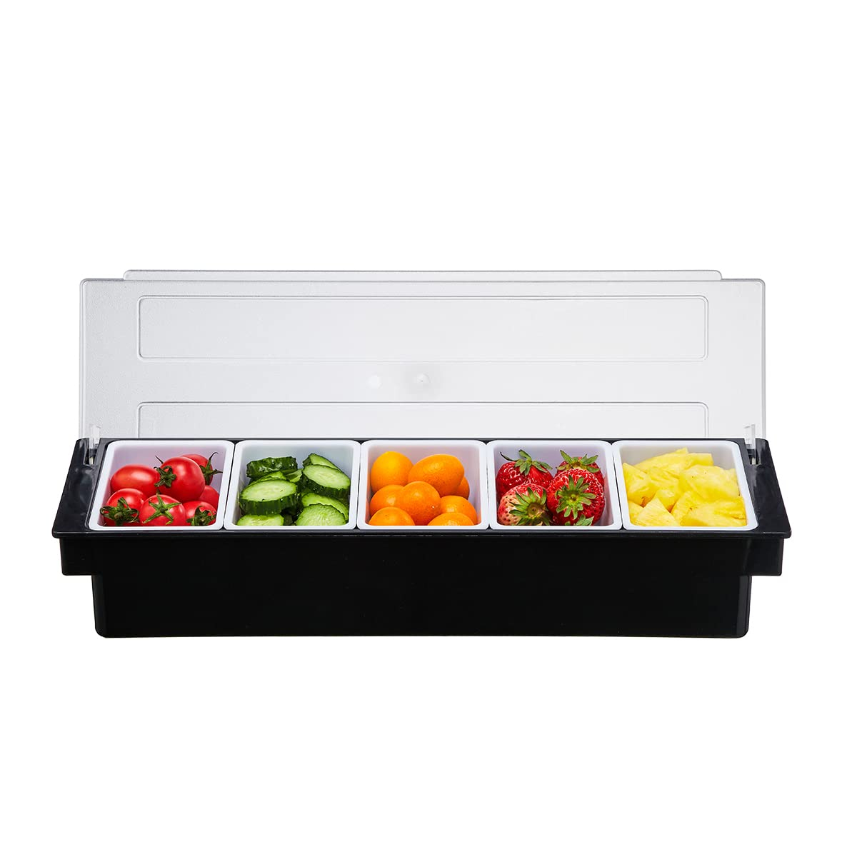 Yuehuam Ice Cooled Condiment Serving Container Fruit Veggie Condiment Caddy Plastic Garnish Station with Lid for Fruit,Ice Cream,Salad Bar-Topping Organizer for Restaurant Supplies (6 Compartments)