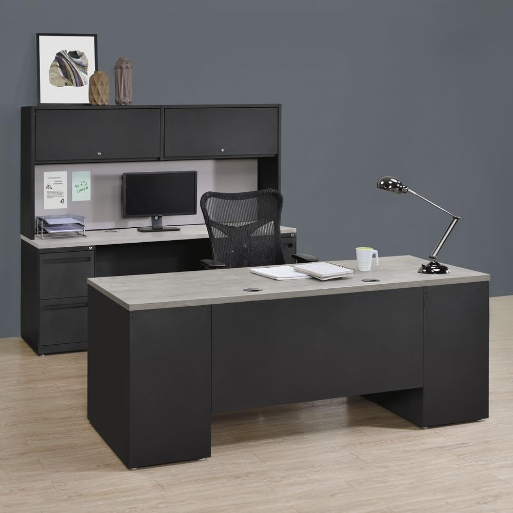 Oak and Black Executive Desk with Drawers and Filing Cabinet