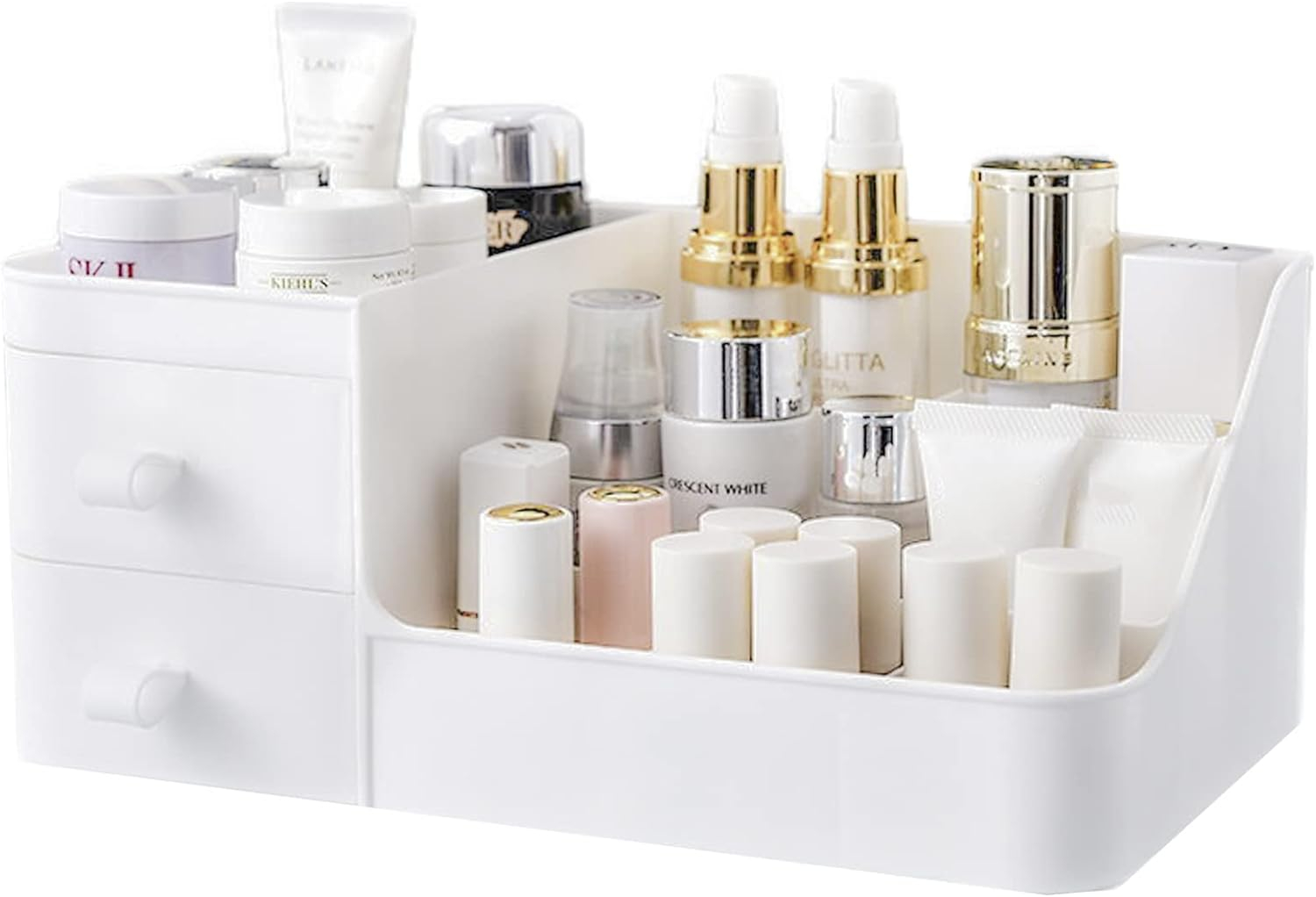 skin care organizer,Makeup Desk Organizer With Drawers,Countertop Organizer for Cosmetics,Vanity brush with Holder for Lipstick, Brushes, Eyeshadow, and Jewelry Desktop Finishing Dresser (White)