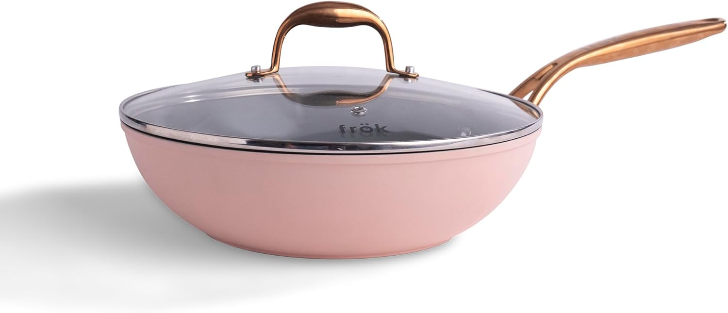 Frök Platinum Non-Stick Fry Pan Meets Wok With Lid, 11-Inch, Blush & Rose Gold