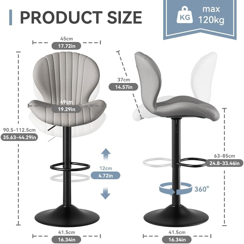 FLYSKY Juego de 2 Taburetes de Bar de Piel Sintética con Respaldo, Taburete de Bar Giratorio Ajustable, Gris Claro