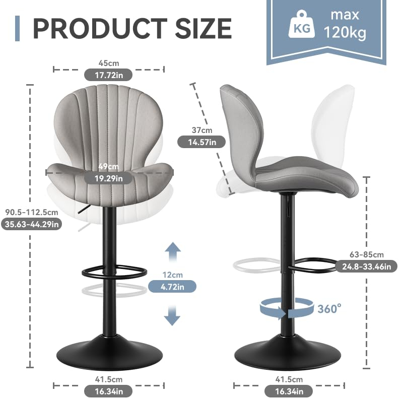 FLYSKY Bar Stools Set of 2 -Faux PU Leather Bar Chairs with Back, Adjustable Swivel Bar Stool, Light Gray