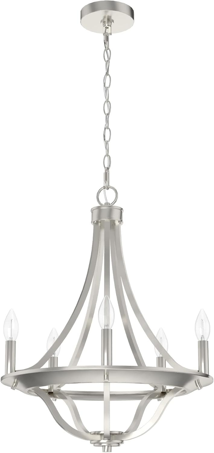 Hunter - Perch Point 5-light Brushed Nickel, Medium Size Chandelier, Dimmable, Casual Style, Empire Shaped, for Bedrooms, Kitchens, Dining, Living Rooms - 19425