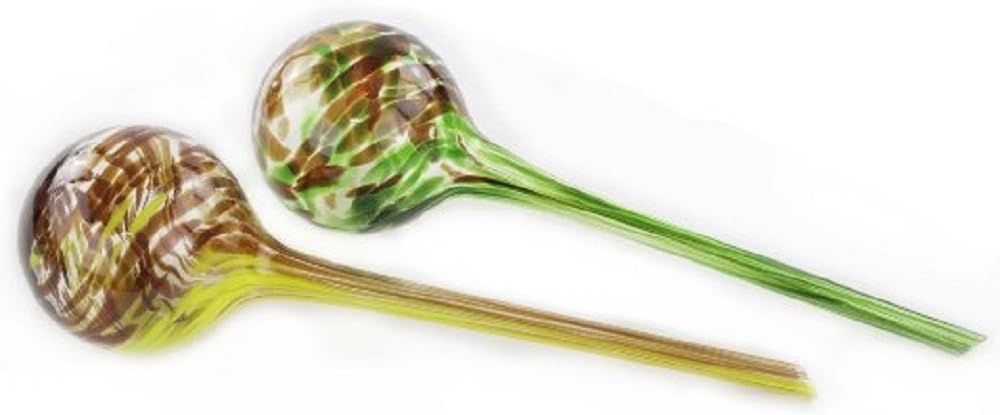 Lexi Home Plant Watering Globes Hand Blown Glass Self Watering Bulbs, Green/Yellow 2-Pack