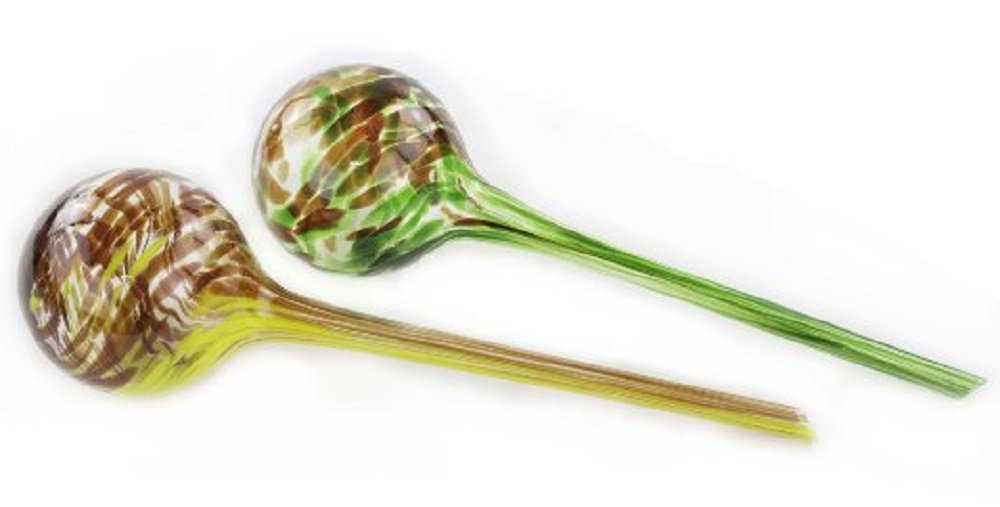 Lexi Home Plant Watering Globes Hand Blown Glass Self Watering Bulbs, Green/Yellow 2-Pack