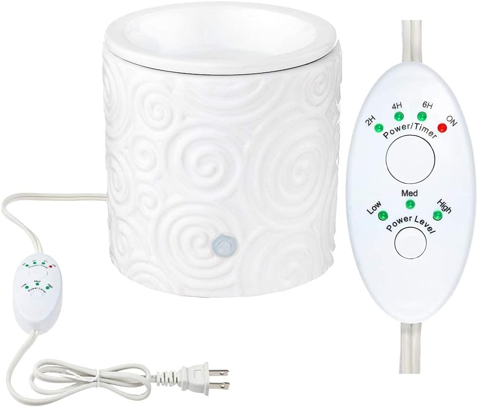 White Swirl Ceramic Candle Warmer Electric with Safety Timer | Automatic Plug in Fragrance Warmer for Scented Wax Melts, Cubes, Tarts | Air Freshener Set for Home Décor, Office, and Gifts