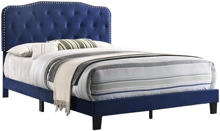 Navy Velvet Upholstered Panel Bed with Silver Nailhead - Queen